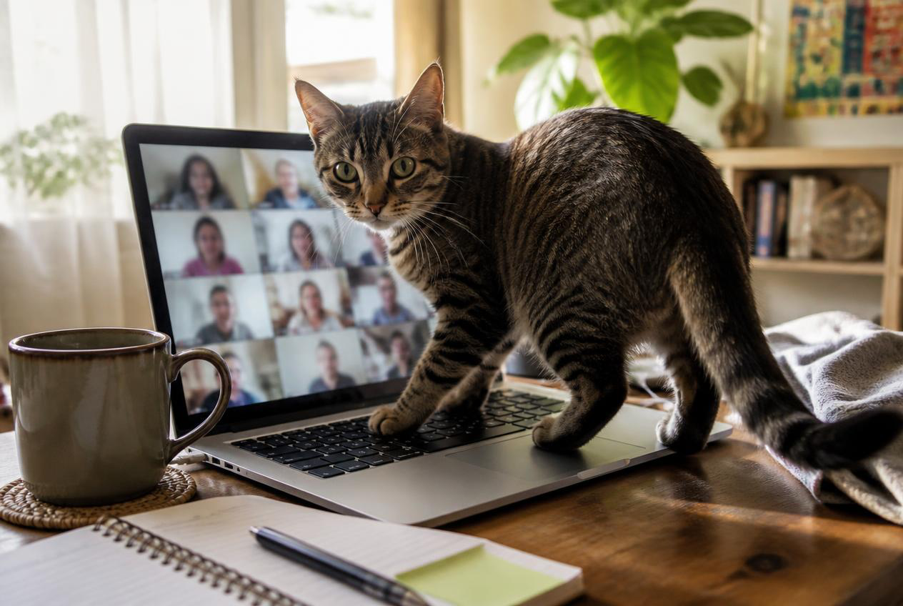 A cat standing in front of a video call on a laptop